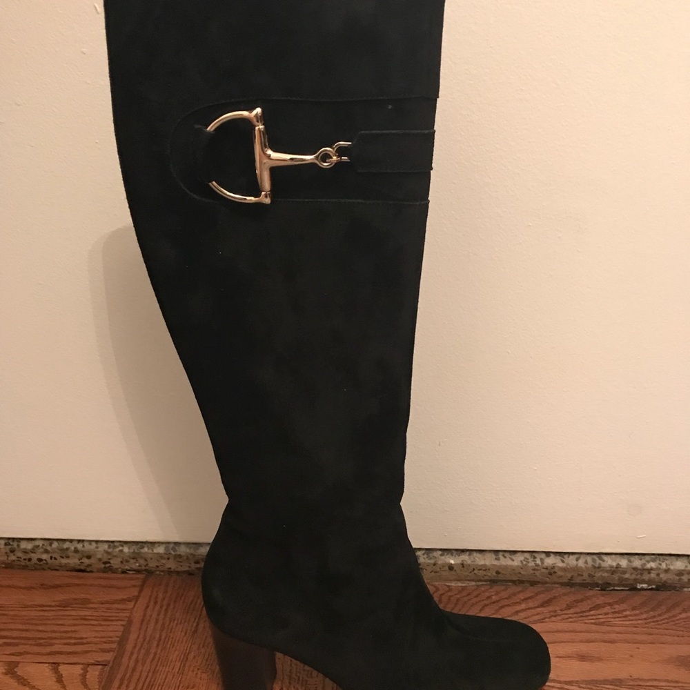 Gucci knee high black suede boots w/ gold buckle